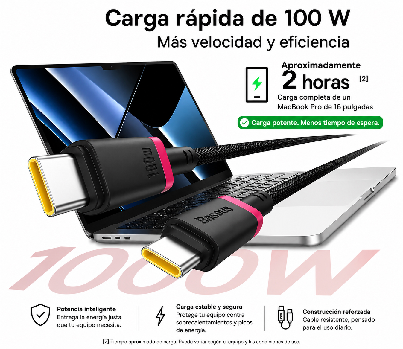 Cable Certificado BASEUS USB-C 20W 100W 480Mbps 2Metros - Imagen 3